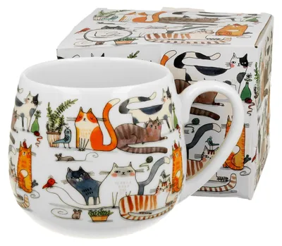 A mug with a cat design and its packaging.