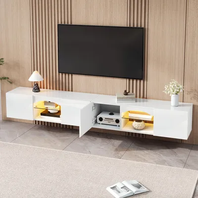 Productafbeelding van STILVORA TV-kast met 4 deuren, TV-meubel met 2 open vakken, TV-kast met LED-verlichting en app-bediening, glazen planken