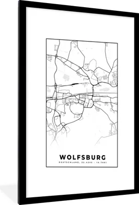 Produktbild von MuchoWow® Gerahmtes Poster Wolfsburg - Karte - Stadtplan 60x90 cm - Poster mit Schwarzem Bilderrahmen Wandposter Rahmen Foto Bilder - Dekoration - Wandposter Wohnzimmer - Hochwertig