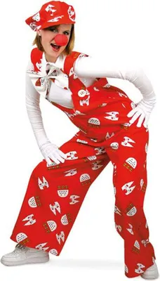 A person wearing a clown costume, including a red nose, hat, vest, and overalls with a pattern.