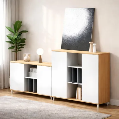 Productafbeelding van Modern dressoir, wit met houtlook, met opbergruimte, woonkamer meubel