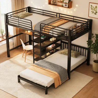 Immagine prodotto di Letto a castello 90x200 cm con scrivania e porta USB, struttura in ferro, scaffali, EN747, senza materasso, colore nero