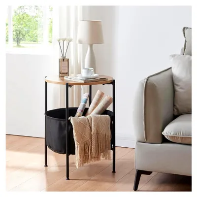 Produktbild von Beistelltisch Suonenjoki mit Ablagekorb, rund, 59x47cm, Schwarz/Walnussoptik