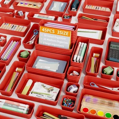 Immagine prodotto di Organizer per cassetti da 45 pezzi per l'ufficio in 3 misure, altezza scrivania, organizer per trucchi, sistema di cassetti per ufficio, cucina, camera da letto, bagno, ufficio, rosso