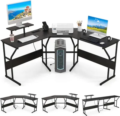 Produktbild von Umkehrbarer L-förmiger Schreibtisch mit Stromanschluss, mit USB-Ladeanschluss und 2 Steckdosen, 2-Personen-Arbeitsstation mit Monitorständer, schwarz