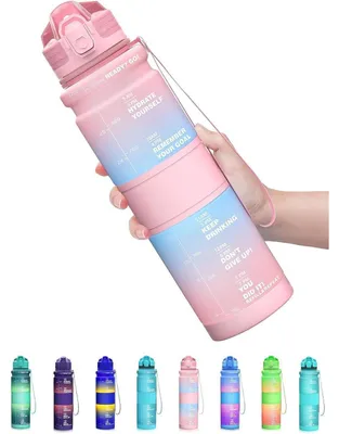 Obrázek produktu pro Dětská láhev na pití, 500 ml/1 l, s těsněním proti úniku, bez BPA, vyrobená z materiálu Tritan, s motivujícím designem a časovým značením, světle růžová a modrá
