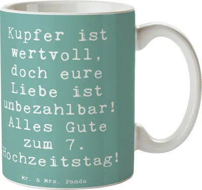 Produktbild von Mr. & Mrs. Panda Kaffeetasse Spruch 7. Hochzeitstag Kupferhochzeit - Meeresbrise - Geschenk, Ehejubiläum, Kaffeebecher, Heiraten, Jubiläum, haferl, Liebe, Keramiktasse