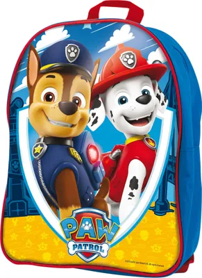 A blue backpack with a Paw Patrol graphic featuring two characters, Chase and Marshall.
