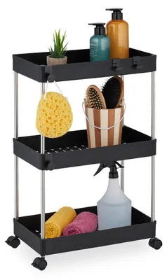 Image de Meuble de niche à 3 niveaux, étagère étroite pour cuisine et salle de bains, H x l x P : 62 x 41,5 x 23,5 cm, monté sur roulettes, noir