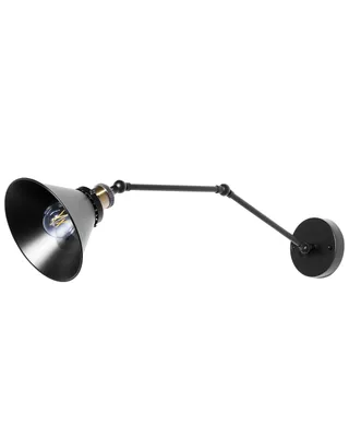 A black metal wall lamp with an adjustable arm and a funnel-shaped shade is shown against a white background.