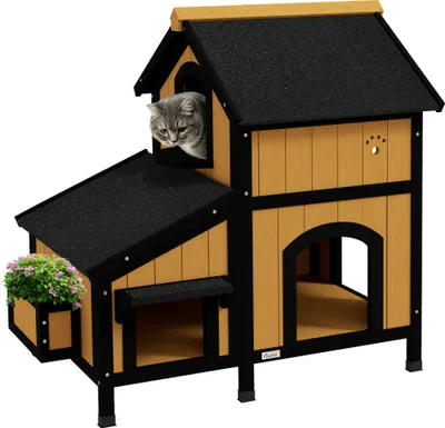 Produktbild von PawHut Katzenhaus aus Holz, Katzenhütte mit mehreren Eingängen, 2 Etagen, Katzenhöhle für draußen, Kleintierhaus mit Asphaltadach, Blumenkasten, für Katzen bis 7 kg, Gelb