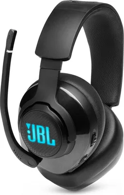 A black JBL gaming headset with a microphone is shown against a white background.