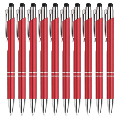 Produktbild von 10 Stück Druckkugelschreiber mit blauer Tinte, 2-in-1 Touchpen Kugelschreiber für Tablet Smartphone, Metallgehäuse, für Büro Haushalt (0,7 mm Rot)