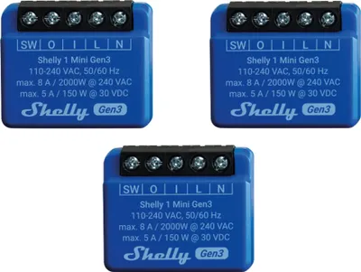 Produktbild von SHELLY WLAN-Schaltaktor 1 Mini Gen 3, blau, 3 Stück