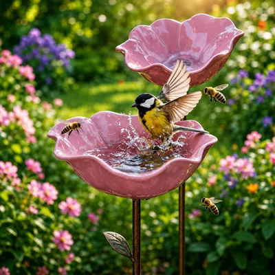 Immagine prodotto di INF Mangiatoia da Giardino in Metallo a Fiore Fatto a Mano Rosa – Ciotola a Forma di Fiore e Paletto Decorativo, 60cm