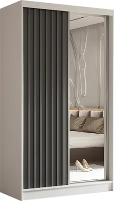 Produktbild von Masseno Schiebetürenschrank LAMELLO 120 cm Kleiderschrank mit 2 Schubladen Schlafzimmer Schrank 2-türig mit Spiegel und Lamellen Weiß