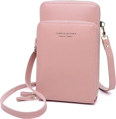 Produktbild von Handy Umhängetasche - Leder Frauen Brieftasche Retro Schultertasche Klein Tasche Geldbörse reisepass Handytasche mit Kartenfächer Verstellbar Abnehmbar Schultergurt für Handy unter 7 Zoll (Rosa)