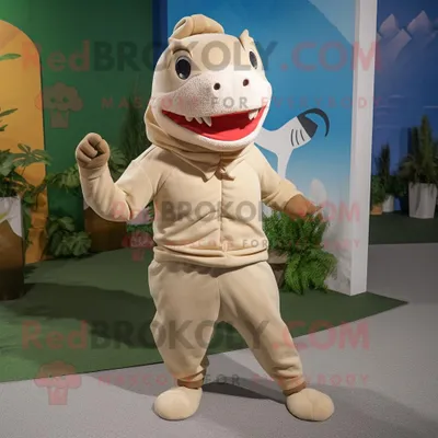 Produktbild von Beigefarbener REDBROKOLY Hai Maskottchen Kostüm gekleidet mit Jogginghose und Schal