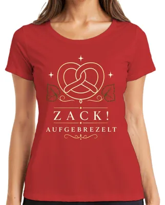 Zdjęcie produktu dla Koszulka damska z motywem bawarskim, przedstawiająca precla, Bawarię, , tradycyjny strój, spodnie skórzane. Kolor: czerwony, rozmiar: XL