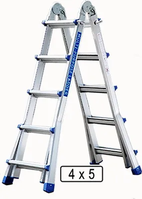 Two multi-purpose ladders are shown in an A-frame configuration against a white background.