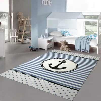 Zdjęcie produktu dla Dywan dziecięcy marynistyczny Dywan do pokoju dziecięcego dla chłopców z kotwicą w kolorze niebiesko-kremowym Rozmiar - 200 x 290 cm