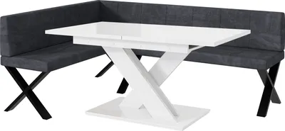 Produktbild von MEBLINI Eckbank für Esszimmer mit ausziehbarem Tisch - Küchenbank - Essecke - Sitzecke Küche - PETER - X-Beine 142x196x87cm Links - Dunkelgrau Samt/B Weiß Hochgl.