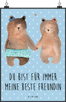 Produktbild von Mr. & Mrs. Panda Bild Bär Freundin DIN A3 - Blau Pastell - Geschenk, Teddy, Wandbild, wanddeko, Plakat, Deko, drucke