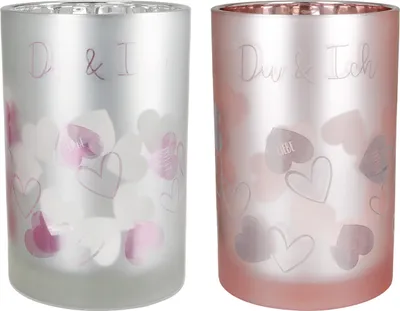 Produktbild von GILDE Windlicht, zylindrisch, "Du & Ich", Herzmotiv, Schriftzug, Glas, pink, silberfarben, , 2 Stück wie abgebildet, H. 18 cm, D. 12 cm 50696