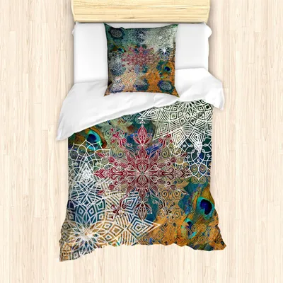 Produktbild von ABAKUHAUS Ethnisch Bettbezug Set, Vintage Style Asian Oriental Komposition mit Mandala Blumen und Pfauenfedern, 135 x 200 cm + 80 x 80 cm, Mehrfarbig