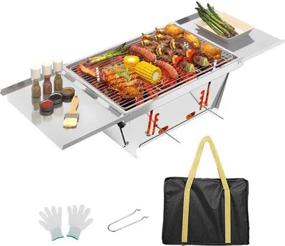 Imagen del producto de Barbacoa de carbón plegable Unyqoos® – compacta y portátil, acero inoxidable reforzado, 65×25×14 cm desplegada / 35,7×25×2 cm plegada, 3 kg, con bolsa de transporte, ideal para camping y picnics