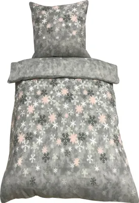 A bedding set with a snowflake pattern.