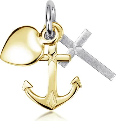 Kettenanhänger aus Silber mit Herz, Kreuz und Anker, die Symbole für Glaube, Liebe und Hoffnung, glänzend poliert, Herz und Anker sind vergoldet.