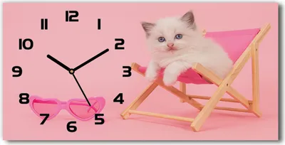 Produktbild von Wanduhr aus Glas – 60x30 cm - Glasbild - Glasuhr - Gehärtetes Glas - schwarze-zeiger - Katze auf einem Liegestuhl