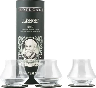 Produktbild von Botucal Geschenkset Dose Gläserset - Botucal Dose + 3x Leder Untersetzer + 3x Rum Tumbler Glas Gläser