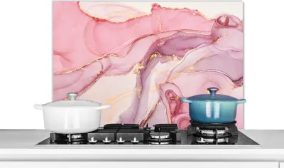 Produktbild von KitchenYeah®  Spritzschutz Küche - Küchenrückwand - Wandschutz für Herd und Spüle - Gold - Marmor - Rosa 80x55 - Alu-Dibond (Alternative zum Spritzschutz aus Glas) - Hitzebeständig - Herdspritzschutz
