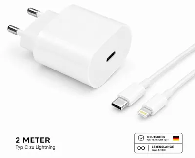 Produktbild von Schnellladegerät USB C Netzteil mit Kabel 20 Watt Universal – Lightning 2 Meter