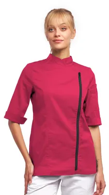 Produktbild von strongAnt Damen Kochjacke 3/4 Kurzarm mit Reißverschluss Stretch Professionelle Kochuniform - Pink, Größe: 3XL – Pink / mit Reißverschluss