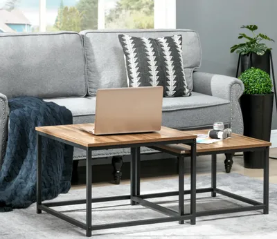 Produktbild von Set aus 2 Couchtisch,Satztisch,Beistelltischen,Kaffeetisch, Sofatisch schwarzer Stahlrahmen
