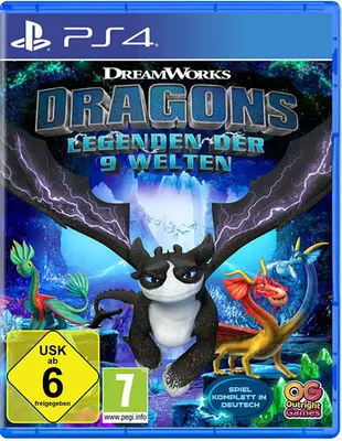 The image shows the cover art for the PlayStation 4 game 'Dragons: Legenden der 9 Welten'. It features several cartoon dragons in a mystical, glowing environment.