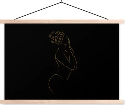 Produktbild von MuchoWow® Textilposter Frau - Schwarz und Gold - Strichzeichnung 60x40 cm mit holzfarbenen Rahmen - Bilder