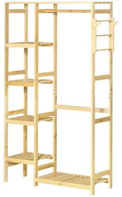 Produktbild von Kleiderst?nder aus Bambus, freistehend, mit 4 Ablagen, unterer Ablage und seitlicher Kleiderstange fš¹r Kleidung und Taschen, Schlafzimmer, 90 x 30 x 155 cm, Natur