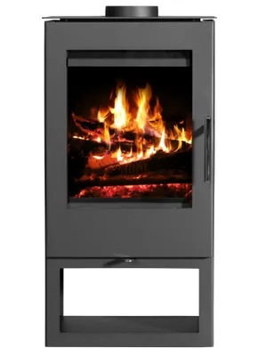 A modern, black wood-burning stove with a glass door showing a fire burning inside.
