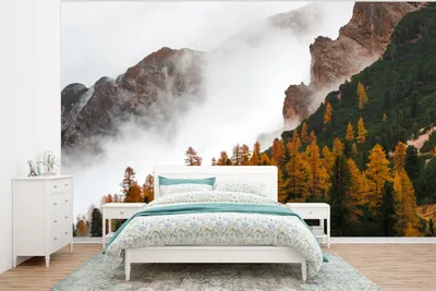 Produktbild von MuchoWow® Fototapete für Wohnzimmer oder Schlafzimmer Wandtapete Vinyl Motivtapete Berg - Nebel - Wald - 320x240 cm - Tapeten