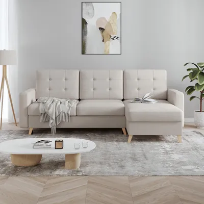 Produktbild von Ecksofa VINCI mit Schlaffunktion und Bettkasten, Creme Velo 622, Uniwersalle Ottomane