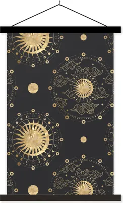 Produktbild von MuchoWow® Textilposter Muster - Sonne - Mond - Gold 40x60 cm mit schwarzem Rahmen - Wanddekorationen