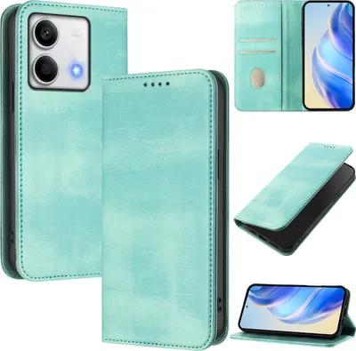 Produktbild von Handyhülle für Xiaomi Redmi Note 13 5G, Vintage Leder RFID Schutz Kartenfach Standfunktion Magnetische Klapphülle Türkis