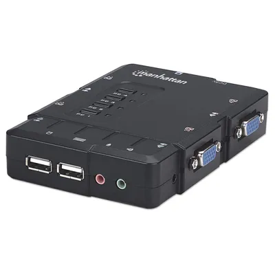 Produktbild von Manhattan 4-Port Kompakt-KVM-Switch mit Audio, USB, mit Kabeln und Audiounterstützung, 1600 x 900 Pixel, HD+, Schwarz