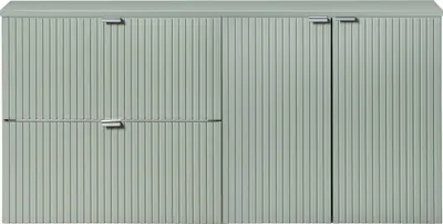 A front view of a light green, two-door cabinet with vertical ribbed detailing and silver handles.