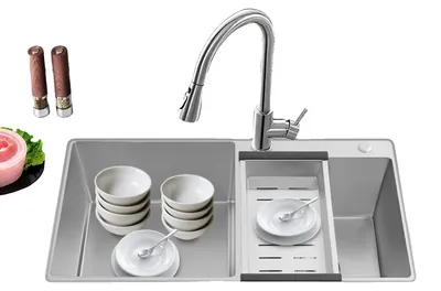 Produktbild von Küchenspüle, 78x43x21 cm, Doppelbecken, Edelstahl, gebürstetes Silber, Aufsatzinstallation