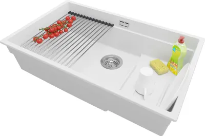 Produktbild von PRIMAGRAN Spülbecken Weiß 76x47cm, Granitspüle 1 Becken + Ablauf-Set + Aufrollbare Abtropffläche, Küchenspüle ab 80er Unterschrank - Praga Slim